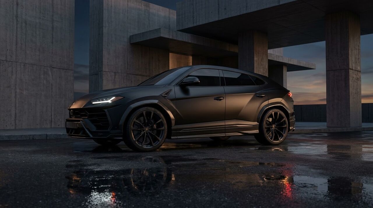 Lamborghini Urus preto fosco parado sob uma estrutura de concreto ao entardecer