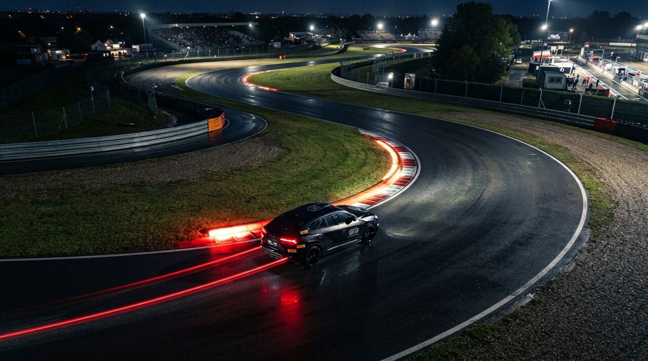 Lamborghini Urus escuro contornando a curva de um circuito à noite